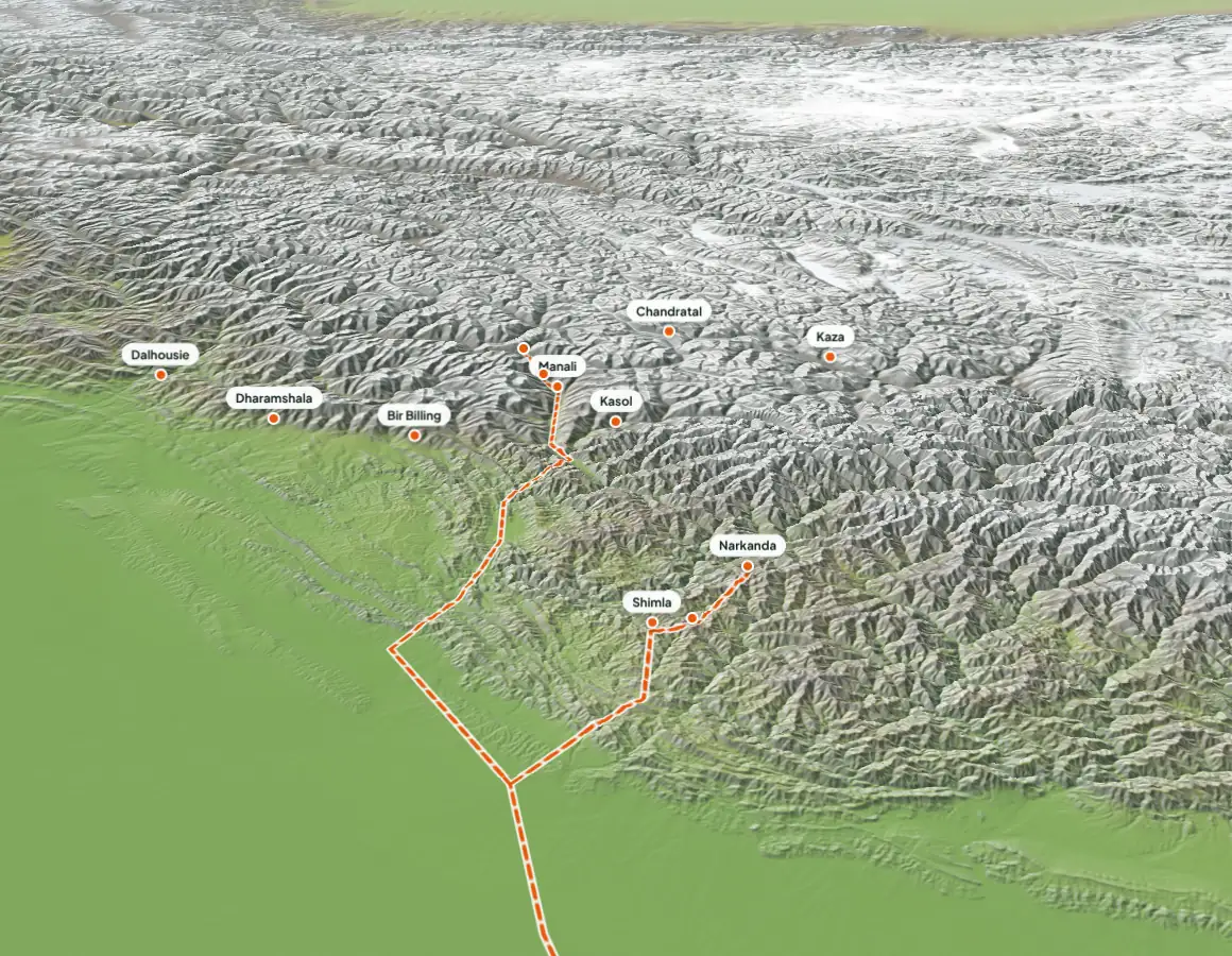 3D view of the Kullu–Manali valley and snow peaks
