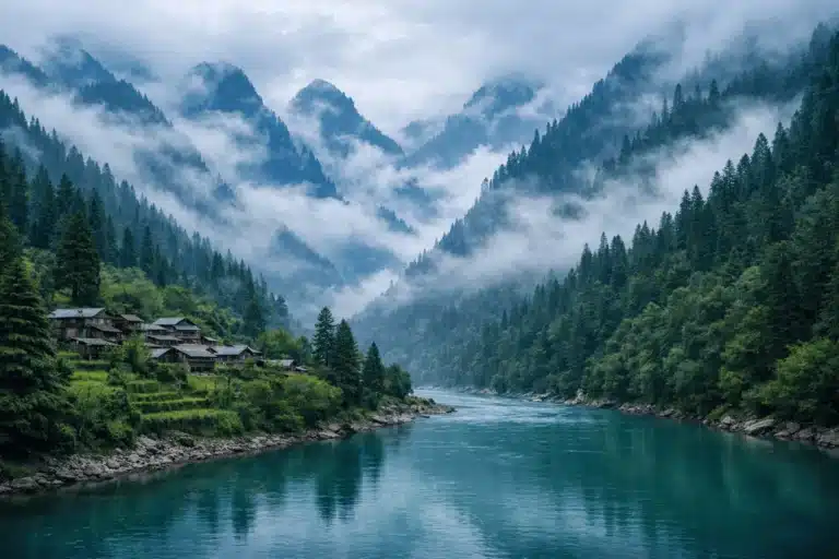Parvati Valley near Kasol, Himachal Pradesh, with pine forest and snow peaks