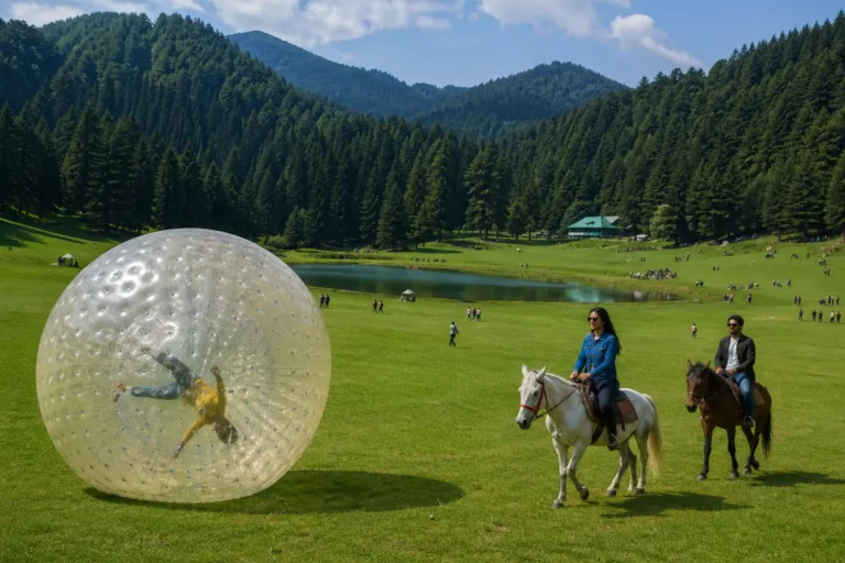 Horse riding and zorbing on the Khajjiar meadow