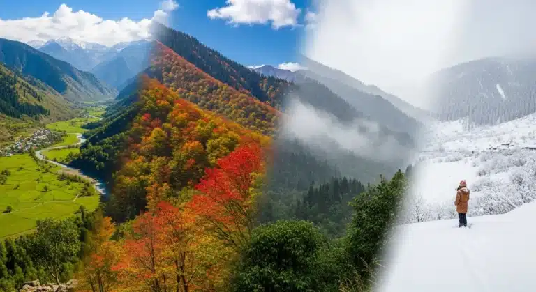 Himachal valley shown across seasons: green summer fields, red and gold autumn forest, and a traveller in winter snow