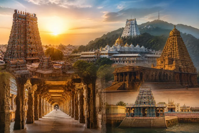 South India temple tour featuring Meenakshi Temple Madurai, Rameswaram corridor and Tirupati Balaji temple architecture