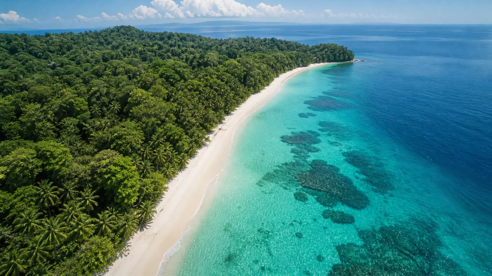 Aerial view of Andaman and Nicobar Islands with turquoise water, white sand beach, and lush green tropical forest