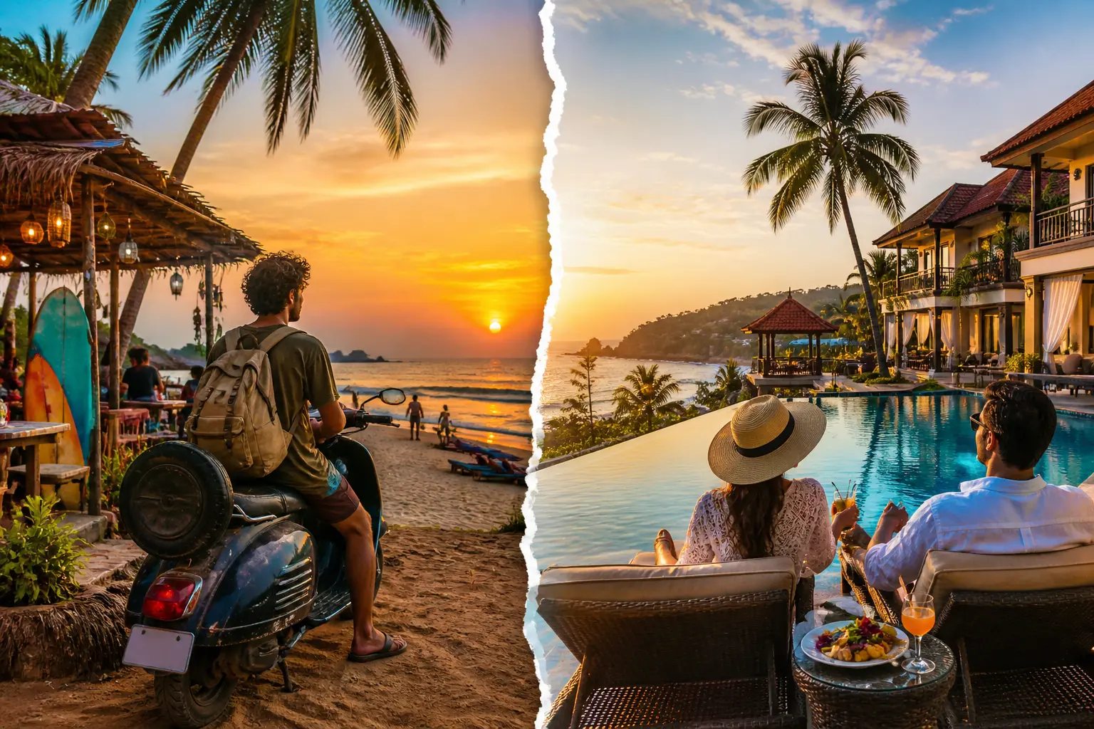Goa trip comparison showing budget beach shack travel vs luxury resort vacation at sunset