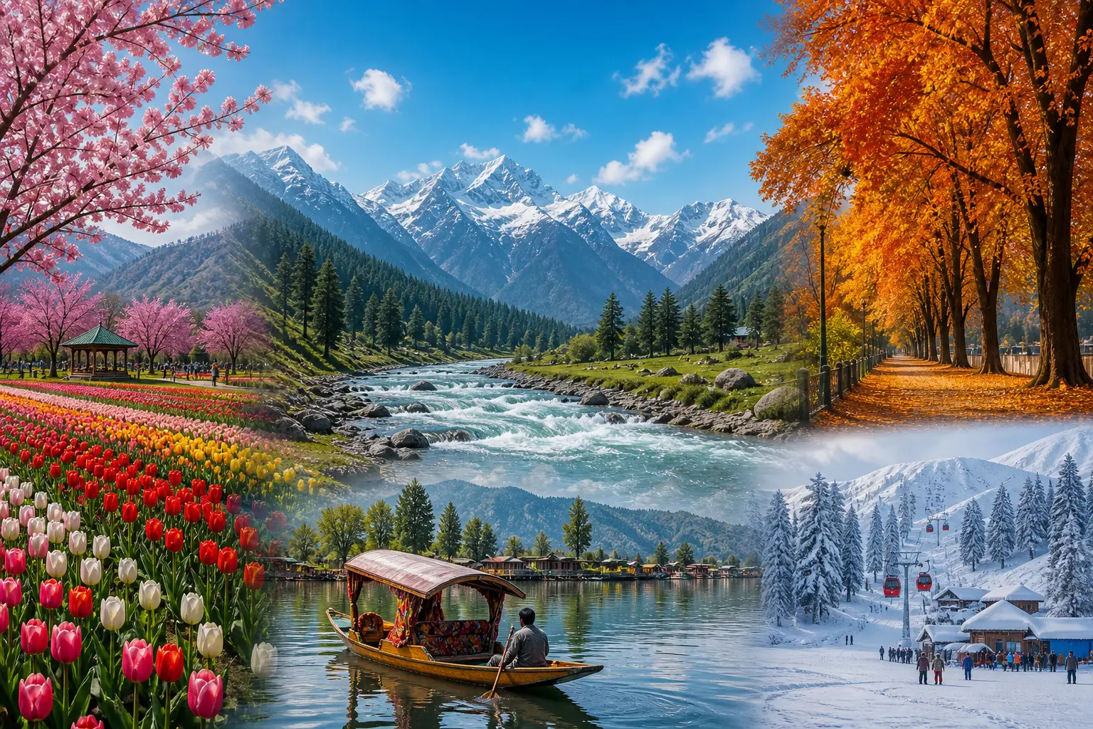 Best time to visit Kashmir visual guide showing spring tulips, summer valleys, autumn colors and winter snow landscapes