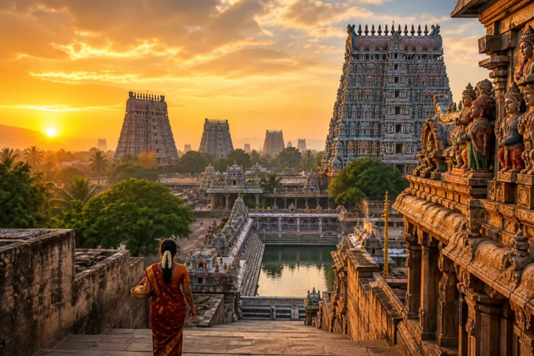Sunrise view of South Indian temple gopurams with traditional architecture and sacred temple tank