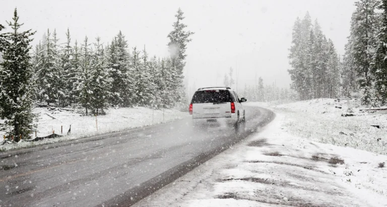 White SUV driving on a snowy road through pine forest during snowfall