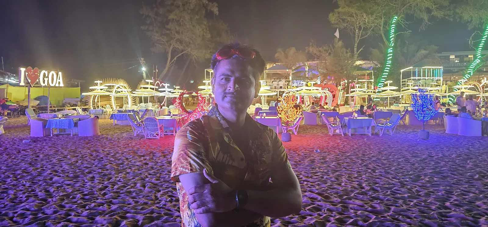 Colourful lights on a Goa beach at night