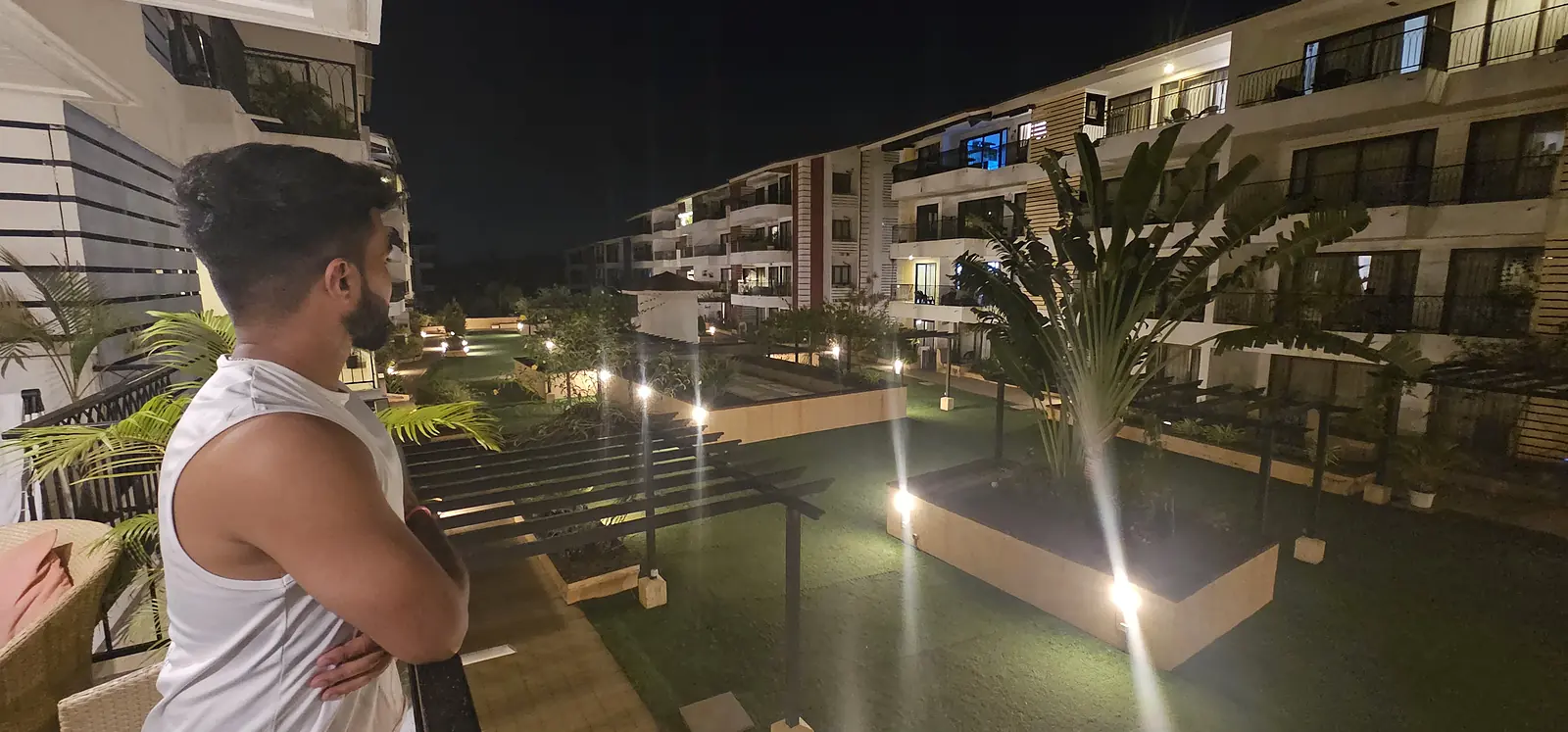 Resort pool view at night in Goa