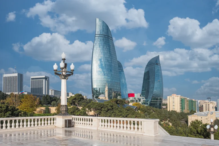 suzu abroad azerbaijan Flame Towers seen from Upland Park, Baku, Azerbaijan