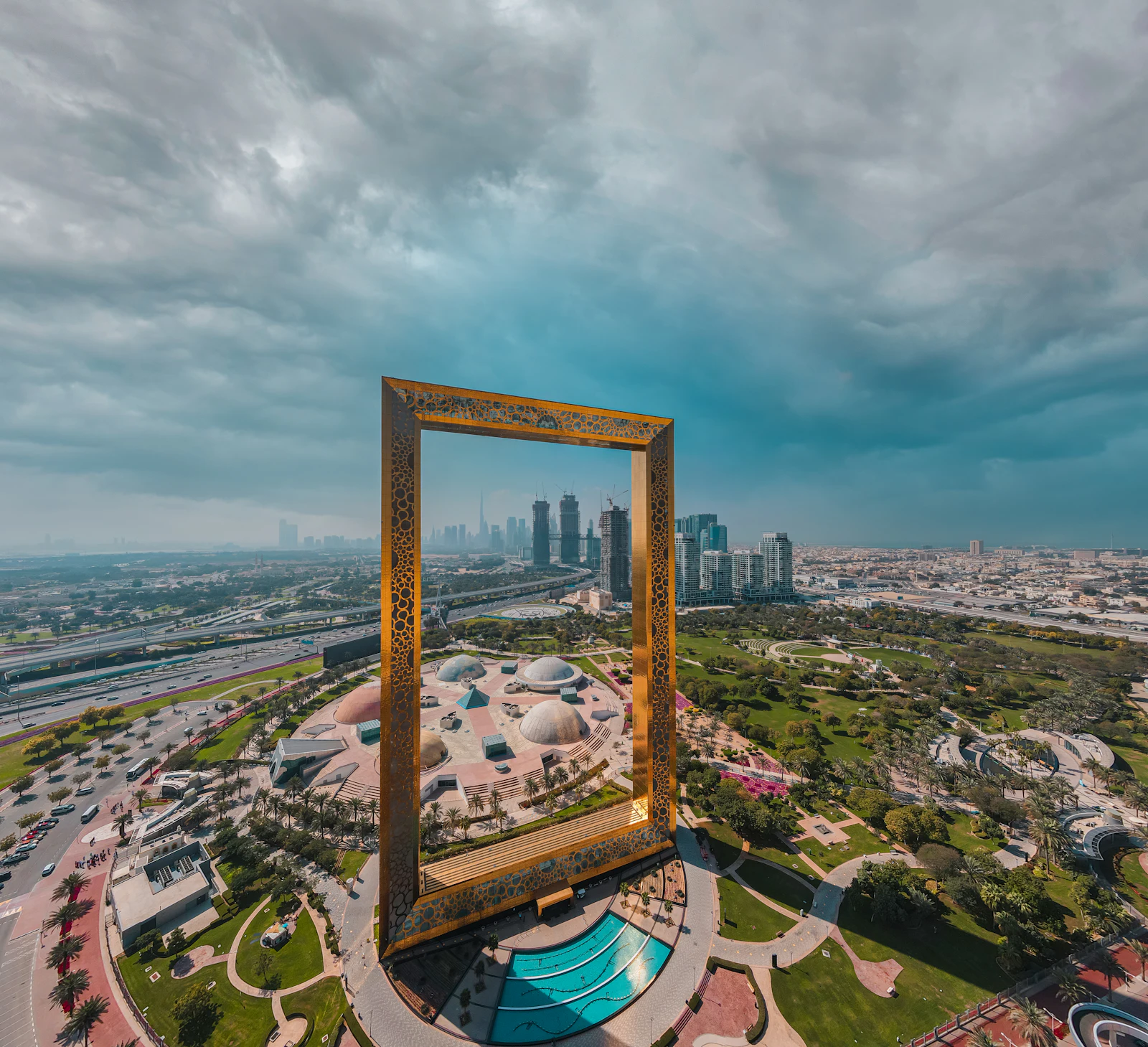 suzu abroad dubai frame zabeel park The Dubai Frame in Zabeel Park with the city skyline behind it