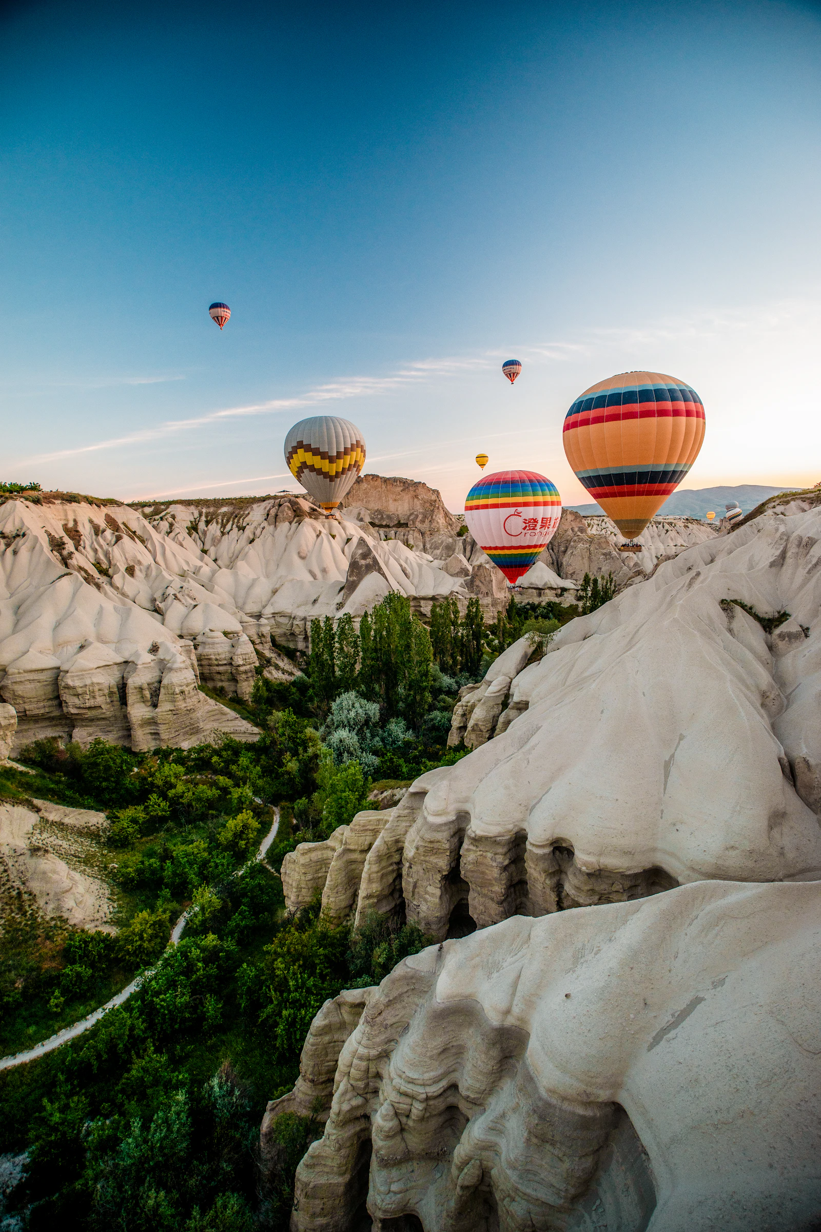 suzu abroad turkey cappadocia valley balloons Hot-air balloons above the pale rock formations and green valley of Cappadocia, Turkey