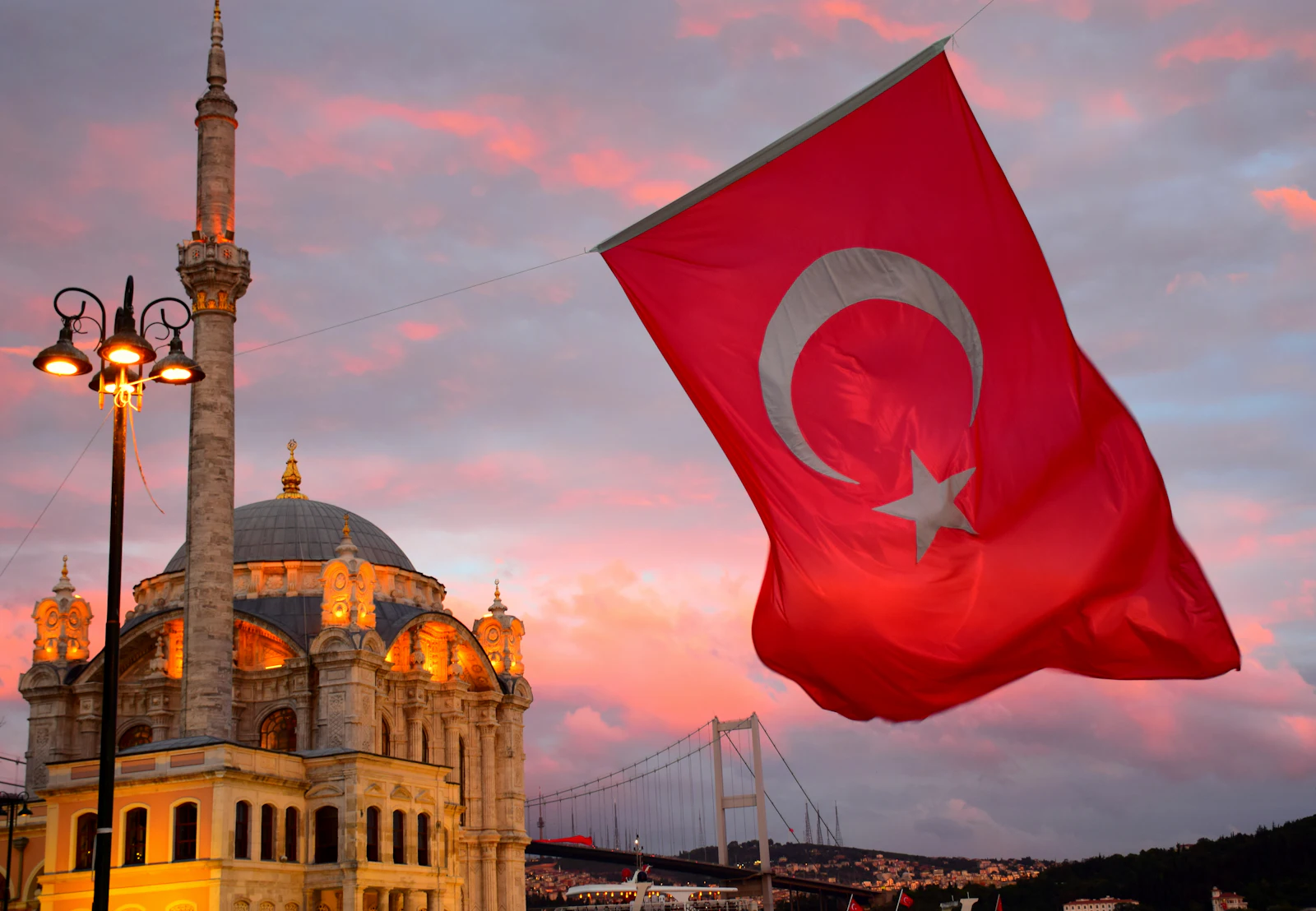 suzu abroad turkey ortakoy mosque flag The Turkish flag waving in front of the Ortaköy Mosque on the Bosphorus, Istanbul, at sunset