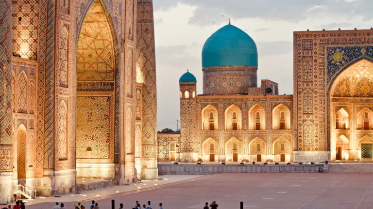 suzu abroad uzbekistan Registan madrasas in Samarkand, Uzbekistan, at dusk